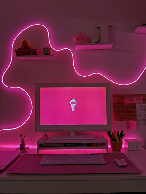 Led pink setup anime Hot Pink Gaming Setup, Led Desk Setup, Gaming Area Ideas, Black And Pink Desk Setup, Govee Neon Rope Idea, Neon Workspace, Pink Gamer Room, Streamer Room, Pink Setup