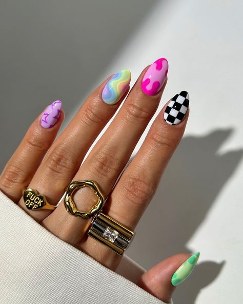 A bright and funky summer mix n match 🤪🌈💞🏁✨ • ‘f off’ ring from @westwoodandhyde • middle ring from @suryachamak - code NAILOLOGIST20 for 20% off • index ring from @luvaj #nails #nailinspo #nailart #naildesign #summernails #mixandmatch #mixnmatch #funnails Multi Pattern Nails, Mix Matched Nails, Funky Nail Designs Fun, Funky Nail Art Ideas, Crazy Summer Nails, Proposal Nails, Bright Colored Nails, Cute Funky Nails, Index Ring