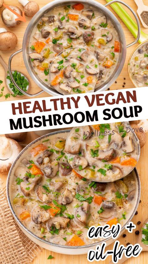 Treat yourself to a bowl of our lusciously creamy vegan mushroom soup! This easy-to-follow, oil-free recipe is not only incredibly delicious but also a healthy, nutritious choice for your mealtime. Indulge in the comforting flavors while staying true to your healthy eating goals! Alkaline Vegan Soup Recipes, Vegetable Mushroom Soup, Chestnut Mushroom Recipes Vegan, Vegan Recipes Soup, Vegan Immune Boosting Soup, Tofu Mushroom Soup, Best Vegan Crockpot Recipes, Healthy Cream Of Mushroom Soup, Vegan Stews And Soups