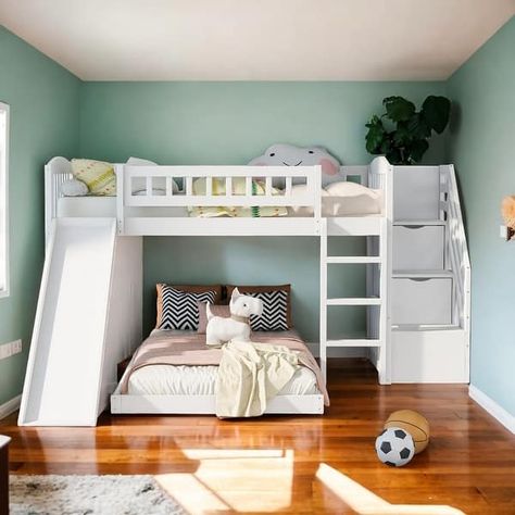 Twin over Twin White Bunk Bed with Stairway, Two Drawers and Slide - On Sale - Bed Bath & Beyond - 39302045 Room Ideas For Two Sisters, Slide Bed, White Bunk Bed, Loft Bed Ideas For Small Rooms, Cool Beds For Kids, Bunk Bed With Drawers, Bunk Beds Boys, Girls Bunk Beds, Toddlers Room