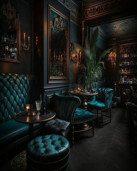 Dark Glam Interior Design, Gothic Home Interior Design, Speakeasy Lounge, Slytherin Room, Goth Interior, Zigarren Lounges, Dark Academia Interior, Speakeasy Decor, Speak Easy