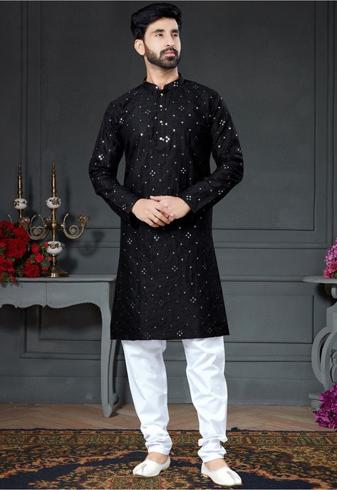 Readymade Cotton Silk Kurta in Black This Chinese Collar and Full Sleeves attire is Enhanced with Resham, Mirror and Button Work Available with a Cotton Silk Churidar in Off White Do note: Footwear shown in the image is for presentation purposes only. Half to one inch may vary in measurement. (Slight variation in actual color vs. image is possible) Black And White Kurta Men, Black Mirror Kurta Men, Black Mirror Work Kurta For Men, Black Kurta Pajama Men, White Kurta Men, Long Choli Lehenga, White Dupatta, Kurta Pajama Men, Black Kurta