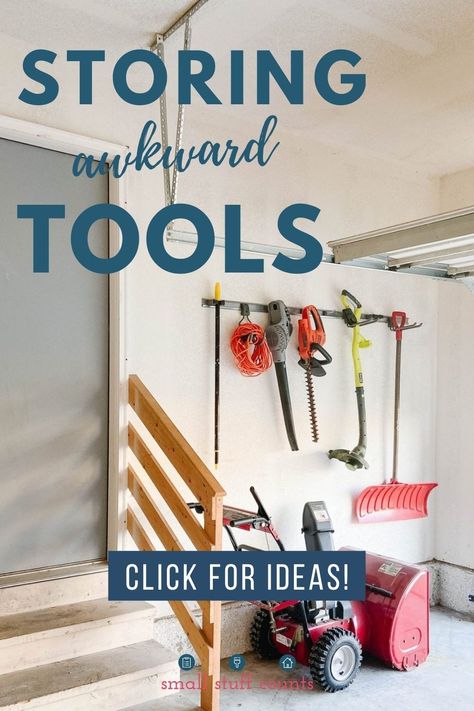 Outdoor tools need to be easily accessible. This utility track makes hanging long-handled items simple. Try this and more on my organized garage tour! #garagestorage #storagesolutions #getorganized How To Hang Weedeater In Garage, How To Store Lawn Chairs In Garage, Hanging Tools In Garage, Garage Organization Ideas For Tools, Organizing The Garage, Garage Tools Organization, Small Garage Organization, Tool Shed Organizing, Organized Garage