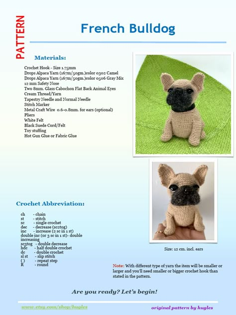 ... French Bulldog Crochet Pattern, Crochet Puppy Pattern, Crochet Puppy, Puppy Pattern, Frenchie Dog, Crochet Dog Patterns, Confection Au Crochet, Bulldog Francese, Crochet Size