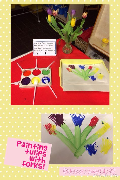 Painting tulips using forks. EYFS Eyfs Experiments, Garden Preschool, Summer Painting Ideas, Eyfs Ideas, Eyfs Classroom, Eyfs Activities, Creative Area, Nursery Activities, French Classroom