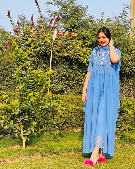 Sky Blue Garara Dress, Sky Blue Kurti Design Combination, Malika Kaliraman, Affan Waheed, Function Dresses, Long Gown Design, Traditional Attires, Simple Kurti Designs, Emoji Images