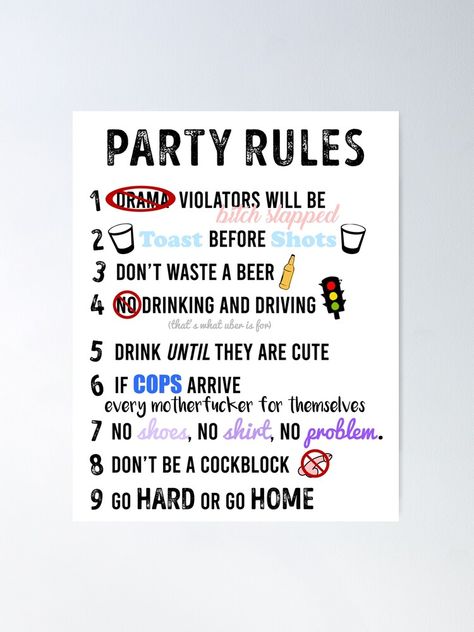 Party Rules Poster, House Party Rules, Birthday Questions, Party Rules, Rules Poster, Drinking Games For Parties, Party Playlist, Party Checklist, Game Rules