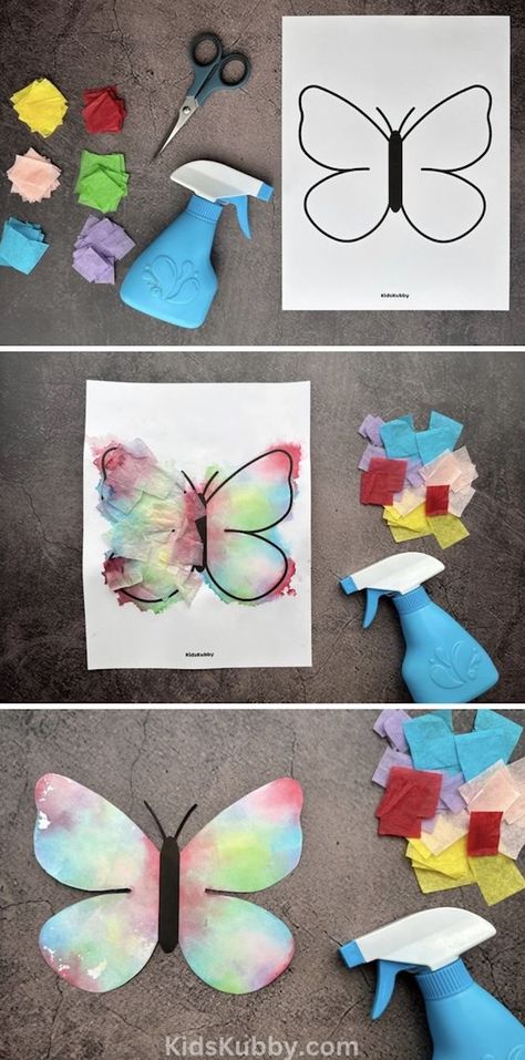 My daughter loves butterflies so I knew painting butterflies with tissue paper would be a hit. And boy was I right. This craft is fun, engaging, and comes out great every time. It was SO SATISFYING watching the colorful tissue paper bleed onto the butterfly printable. This is a fun paper craft for school, homeschool, and even Sunday school classes because it’s so cheap and easy to make! I've included a free printable of the butterfly, that's all you'll need is the tissue paper! Tie Dye Art Projects For Kids, Pre Kindergarten Activities Art Projects, Hands On Art Projects, Kinder Arts And Crafts, Arts And Crafts For Toddlers Easy, Pre K Craft Ideas, Art Show Ideas For Preschoolers, Art Craft Ideas For Kids, Fun Crafts Preschool