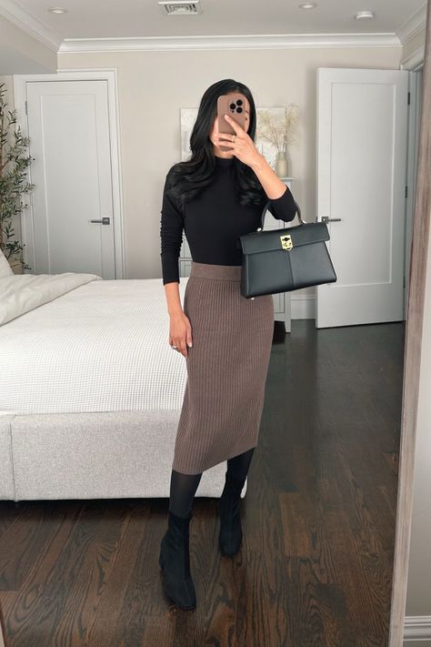 Shop CashSoft Rib Midi Sweater Skirt and other curated products on LTK, the easiest way to shop everything from your favorite creators. Ribbed Skirt Outfit, Skirt Business Casual, Sweater Midi Skirt, Job Outfits, Midi Sweater Skirt, Tree Bows, Cropped Trench Coat, Petite Blazer, Business Casual Outfit