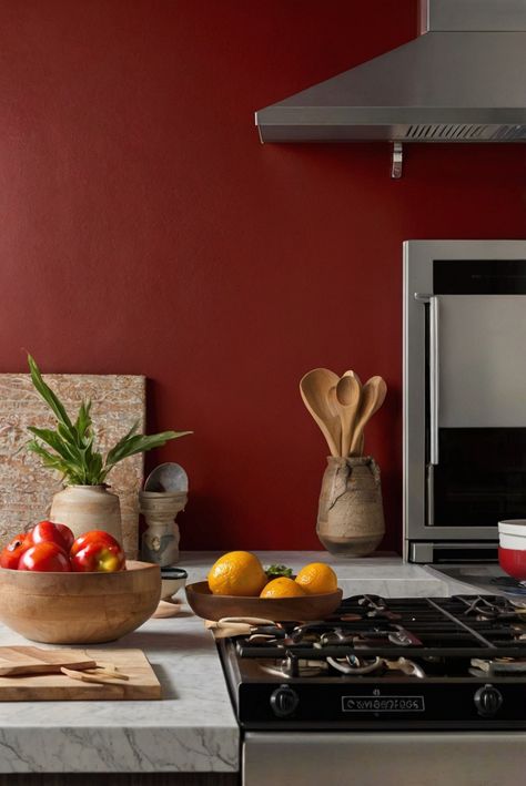 red kitchen decor, kitchen renovation ideas, cooking with red, bold kitchen design Red Kitchen Walls Paint, Rust Kitchen Walls, Maroon Kitchen Walls, Red Wall Kitchen, Red Backsplash Kitchen, Red Decor Ideas, Kitchen With Red Accents, Red Kitchen Appliances, Rust Kitchen