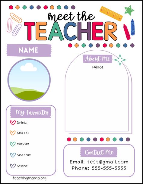 meet the teacher canva template - free version Teacher Profile Ideas, Meet The Teacher Template Free Download, Teacher Welcome Letter Template Free, Teacher Templates Free, Free Meet The Teacher Template Freebie, Free Meet The Teacher Template Editable Preschool, Teacher Bio Template, Meet The Teacher Template Editable Free, Attendance Activities