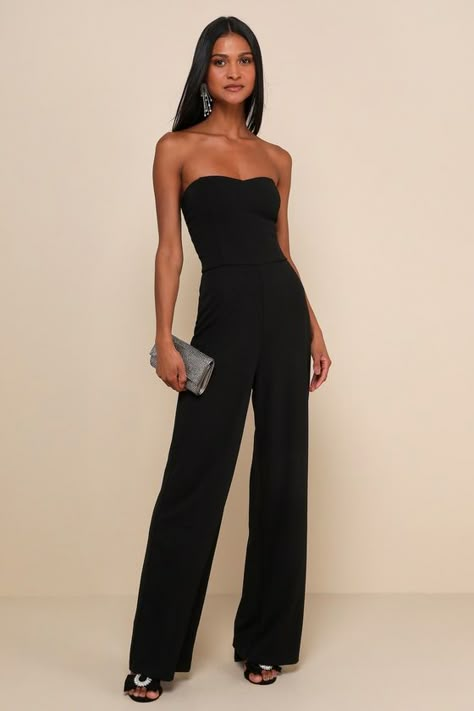 Strapless Jumpsuit Outfit Dressy, Black Jumper Outfit Dressy, Black Strapless Dress Outfit, Black Jumpsuit Outfit Night Classy, Wedding Guest Jumpsuits, Formal Outfits For Women Parties, Choir Outfits, Strapless Jumpsuit Outfit, Banquet Outfit