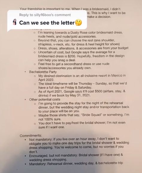 To Let Her Bridesmaids Know What They're Signing Up For, This Bride Decided To Explain Bridal Party Costs And Other Expectations In A "Transparency Letter" | Bored Panda Letter For Bridesmaid, Letters To Bridesmaids, Bridesmaid Roles And Responsibilities, Bridal Party Expectations, Bridesmaid Expectation Letter, Now Act Surprised Bridesmaid, Bridesmaid Letter, Bridal Gift Box, Proposal Letter