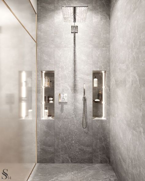 Luxury interior desing, bathroom organisation, shower idea, gray marble, tropical shower Shower Area Design Luxury, Gray Marble Bathroom, Washrooms Ideas, Townhouse Bathroom, Grey Marble Bathroom, Modern Shower Design, Modern Shower Room, Niche Modern, Marble Bathrooms