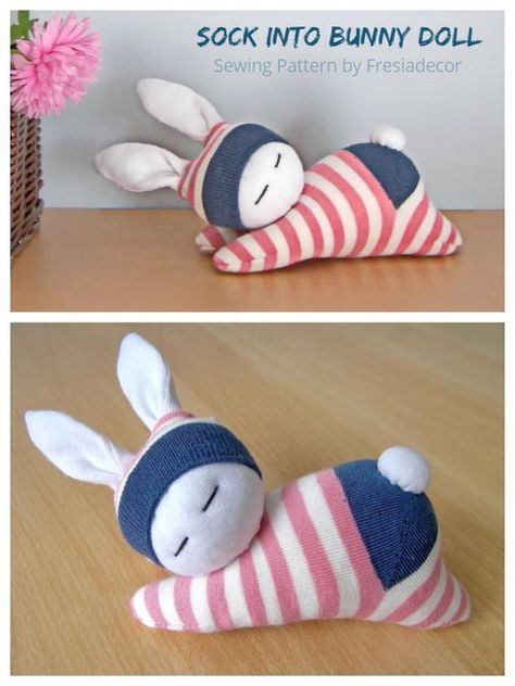 DIY Sock Bunny Doll Free Sewing Pattern + Video | Fabric Art DIY #knittedtoys #handmadetoys #knittedtoysfreepatternsbunnies #knittedtoysfreepatternseasycute Sock Bunny Pattern Free, Stuffed Sock Animals, Stuffed Bunny Sewing Pattern Free Printable, Sock Bunny Diy How To Make, Easter Bunny Sewing Pattern Free, Fabric Dolls Patterns Free, Easy Sock Animals, Bunny Doll Pattern Free, Stuffed Bunny Sewing Pattern Free