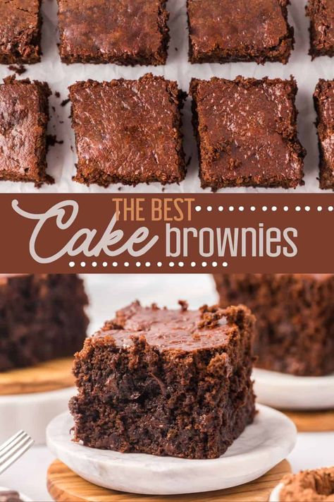 The best Cake Brownie Recipe- These light, fluffy, and moist brownies are so easy to make and are a chocolate lover's dream! Thick Bakery Style Brownies, One Egg Brownies Recipes, Chewy Cake Brownies, Cake Flour Brownies, Coconut Oil Brownies Recipe, Cakey Brownies Recipe Homemade, Chocolate Chip Brownie Recipes, Brownies With Walnuts Recipe Homemade, Easy Pantry Staple Dessert