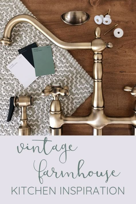 Design Flatlay, Rustic Faucets, Farmhouse Kitchen Inspiration, Bridge Faucet, Vintage Style Kitchen, Farmhouse Kitchen Design, Vintage Farmhouse Kitchen, Antique Kitchen, Kitchen Faucets