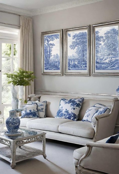 Set of 3 Wall Art Prints, Toile De Jouy Poster, Blue White Home Decor, Large Wall Gallery, Livingroom Art Wall, French Bedroom Ornament - Etsy Home Posters, Large Wall Gallery, Blue And White Living Room, Light Blue Walls, Toile Art, French Bedroom, Blue White Decor, White Living, Silver Frames