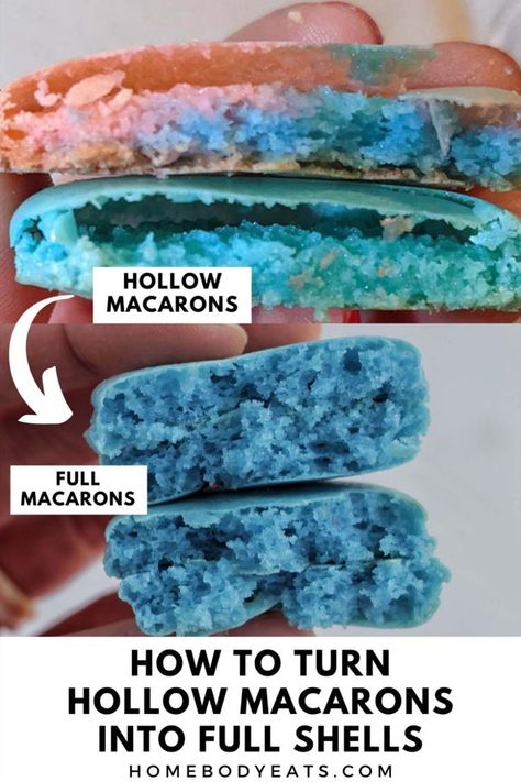 hollow macaron next to a full macaron. French Macaron Troubleshooting, Macarons Filling Recipe, Best Macaron Recipe, Macaroon Filling, Macaron Troubleshooting, Macarons Macaroons, Macaron Filling, Macaroon Cookies, How To Make Macarons