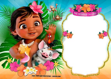 Free Moana Birthday Invitation Template | FREE Invitation Templates - Drevio Moana Tarpaulin Layout, Moana Background Invitation, Tarpuline Layout, Moana Invitation Template, Moana Birthday Invitation Template, Baby Moana Birthday Party, Moana Printables, Moana Party Invitations, Moana Birthday Decorations