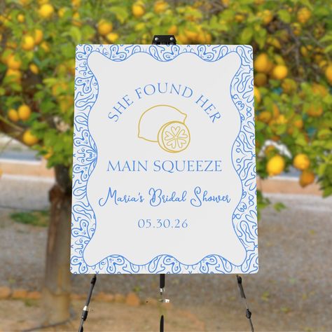 Main Squeeze Lemon Chic Bridal Shower Welcome Sign Italy Bridal Shower Theme, Main Squeeze Bridal Shower Lemon, Main Squeeze Bridal Shower Theme, Blue And Yellow Palette, Lemon Illustration, Blue Tile Patterns, She Found Her Main Squeeze, Found Her Main Squeeze, Bridal Shower Themes