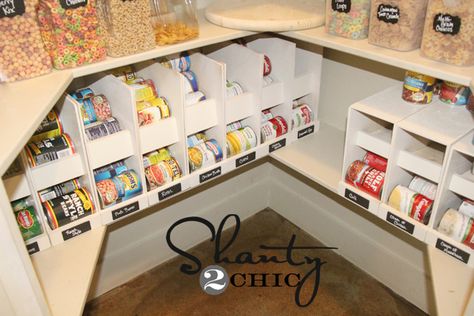 Learn how to build this DIY Canned Food Storage with a free step-by-step tutorial by Shanty2Chic! Pantry Organization Hacks, Food Organization, Diy Spice Rack, Organized Pantry, Canned Food Storage, Pantry Remodel, Diy Spices, Can Storage, Organisation Hacks