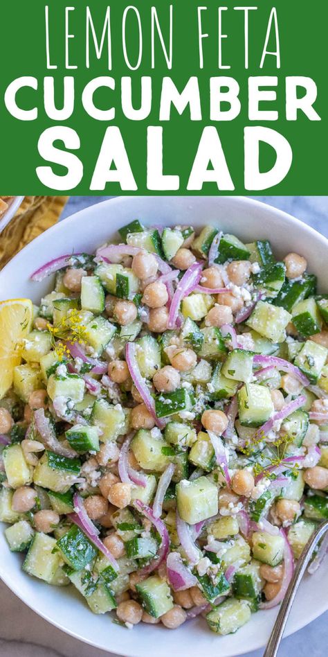 Last Minute Side Dishes Parties, Healthy Lunch Party Ideas, Cold Salads For Lunch Easy Recipes, Cucumber Pea Salad, Sides With Cucumber, Herby Cucumber Salad With Feta And Chickpeas, Keto Cucumber Salad Recipes, Salad Recipes Potluck, Small Side Salad Ideas