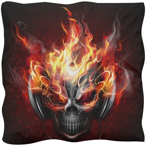 Fire Skull 18" x 18" Double Sided Zipped Cushion, £15.00. Ultra vivid skull with headphones on fire. Sounds crazy when you write that down but it looks great. Nice gift for the audiophile in your life. Ghost Rider Wallpaper, Fire Skull, Grim Reaper Art, Skull Pictures, Skulls Drawing, Skull Tattoo Design, Skull Artwork, Skull Wallpaper, Airbrush Art