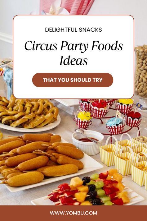 From classic popcorn to fluffy cotton candy and circus-inspired hot dogs, these treats will add a touch of magic to your celebration. Explore creative and easy recipes to make your circus party unforgettable. #CircusParty #BirthdayPartyIdeas #Kidsparty #CircusFood #SnackIdeas #PartyPlanning #birthday #inspiration #kidsparty #yombu Circus Theme Dinner Party, Food For Carnival Themed Party, Circus Theme Party For Adults, Two Year Old Circus Birthday, Circus Theme Snacks, Circus Food Party, Carnival Theme Food Ideas, Circus Theme Food Ideas, Circus Themed Party Food