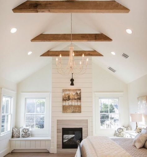 Family Room Farmhouse Ceiling Lighting, Wood Chandelier Farmhouse, Valted Ceiling Fireplace, Vaulter Ceiling Lights, Ceiling Beams Lights, Ceiling Beams With Chandelier, 10ft Ceiling Family Room, Half Vaulted Ceiling Lights, Faux Beams Vaulted Ceiling Pendant Lights