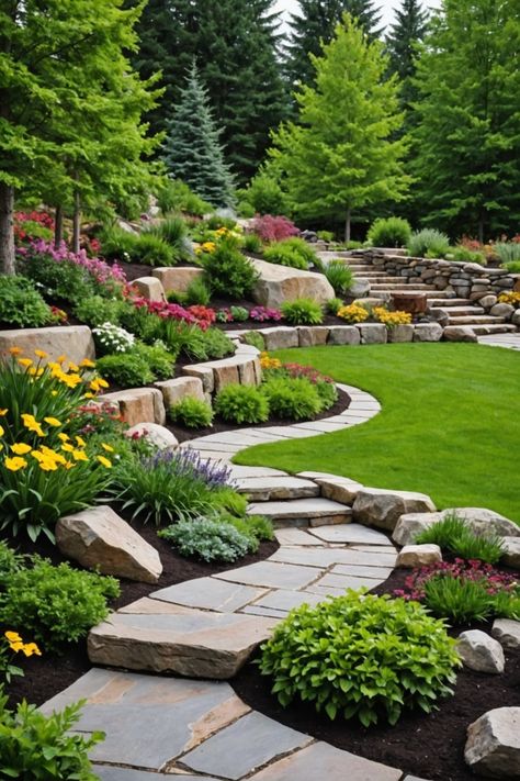 20 Boulder Landscaping Ideas - Toolz Geek Boulder Walls Retaining, Slope Backyard Landscaping Ideas, Boulder Landscaping Ideas, Slope Landscaping Ideas, Boulder Garden, Landscaping With Boulders, Landscape Stairs, Outdoor Walkway, Wooded Landscaping