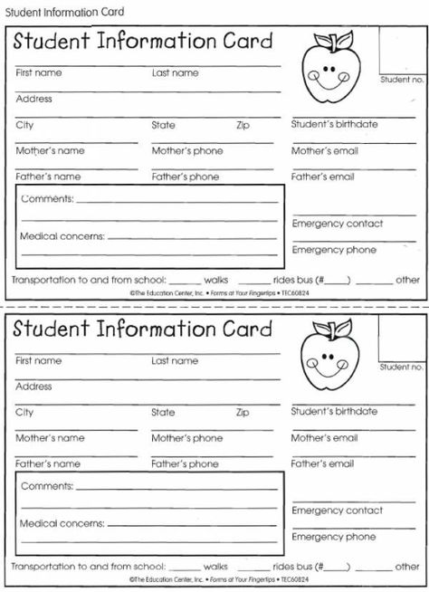 Student Information Card | Student Information, Teaching in Student Information Card Template Student Info Sheet, Contact Card Template, Student Information Form, Student Information Sheet, First Classroom, Student Info, Daycare Forms, Contact Card, Card Templates Printable