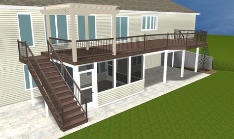 Second Story Deck Stairs, Patio Under Decks, Elevated Deck, Poured Concrete Patio, Second Floor Deck, Second Story Deck, Screened Porch Designs, Screened In Deck, Patio Plans