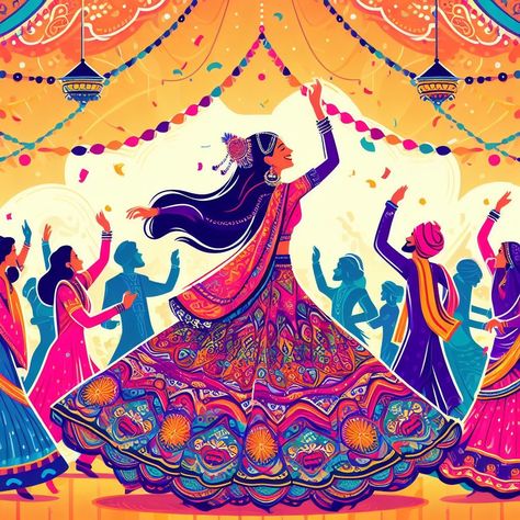 Create a vibrant and lively vector illustration capturing the essence of Navratri celebrations, with a focus on people joyfully dancing the traditional garba dance in traditional attire. Showcase the energy and colors of this cultural festival, with intricate patterns, lively music, and a sense of unity among the participants. Your illustration should convey the spirit and enthusiasm of Navratri while highlighting the beauty of the garba dance." Navratri Design, Navratri Celebration, Festival Dance, Dandiya Drawing, Navratri Festival Drawing, Indian Festival Poster, Indian Festival, Festival Painting, Dandiya Painting