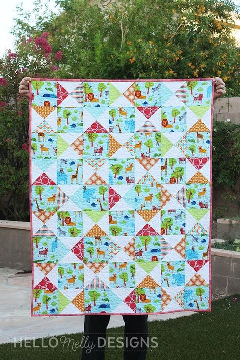 Safari Squares Baby Quilt | Hello Melly Designs | Bloglovin’ African Fabric Quilts, Large Quilt Blocks, Project Linus Quilts, Safari Quilt, Wonky Houses, Modern Baby Quilts, Layer Cake Quilt, Boys Quilt Patterns, Squares Quilt