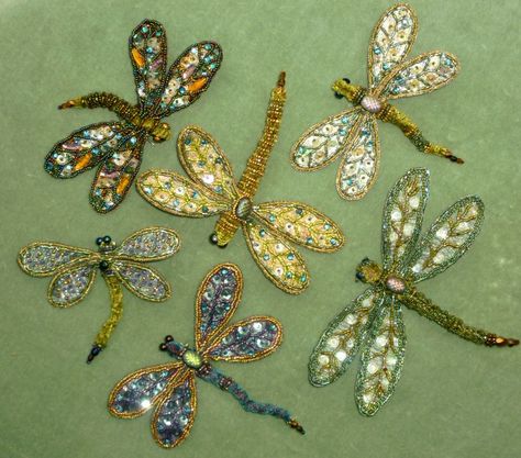 Tambour Beading, Beaded Dragonfly, Beaded Spiders, Tambour Embroidery, Dragonfly Jewelry, Embroidery Patterns Vintage, Vintage Ribbon, Beaded Animals, Gold Work