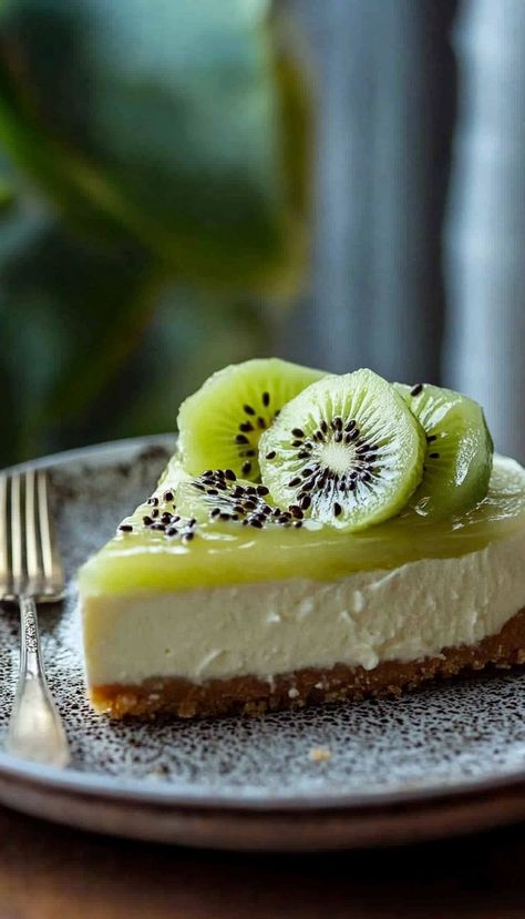 This kiwi cheesecake is a refreshing and tangy dessert perfect for fall and winter gatherings. With a smooth cheesecake base and fresh, juicy kiwi topping, it’s a delightful treat that adds a tropical twist to your dessert menu. Kiwi Cheesecake Recipes, Kiwi Dessert Recipes, Kiwi Tart, Kiwi Cheesecake, Kiwi Pie, Kiwi Dessert, Smooth Cheesecake, Meals For Friends, Cheesecake Decoration