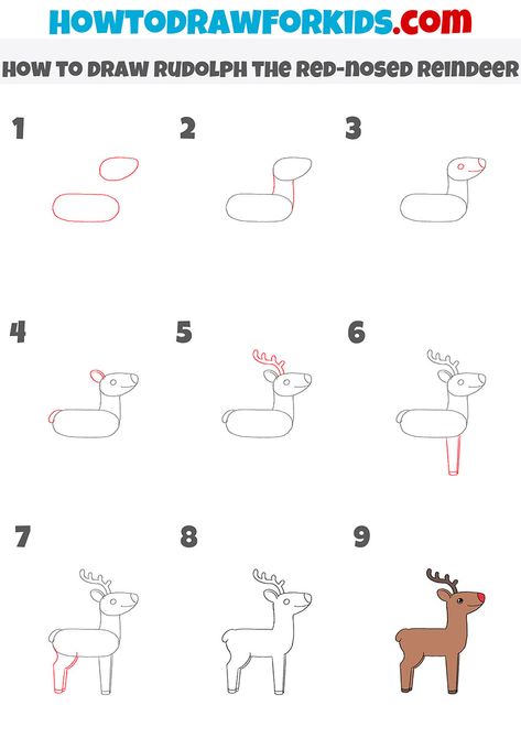 Christmas Robin Drawing, How To Draw Rudolph Step By Step, Reindeer Easy Drawing, How To Draw A Reindeer For Kids, Rudolph The Red Nosed Reindeer Drawing, How To Draw A Reindeer, How To Draw Reindeer, Easy Reindeer Drawing, Draw Reindeer