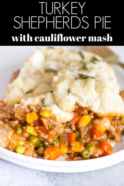 Turkey Shepherd’s Pie with Cauliflower Mash is a lightened up version of Shepherd’s Pie with ground turkey and topped with cauliflower mash!