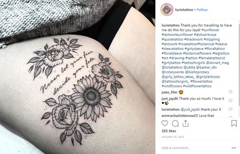 Flower idea with words Front Thigh Tattoos, Women's Tattoos, Thigh Tattoo Quotes, Upper Thigh Tattoos, Quotes Flower, Cute Thigh Tattoos, Women Quote, Good Tattoo Quotes, Flower Thigh Tattoos