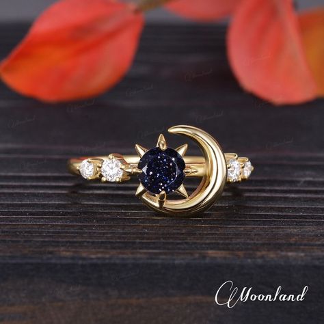 Unique Blue Sandstone Engagement Ring Yellow Gold Moon And Star Ring Vintage Sun Ring Celestial Jewelry Half Eternity Moissanite Birthstone 🌙 Product Details -Main Stone: High-quality Lab Opa/Blue Sandstone/Moonstonel, 5mm Round Cut -Side Stone: Moissanite, DEF Color, VVS-VS Clarity, 0.18ct Total -Ring Band: 1.5mm -Metal Choice: 925 Sterling Silver/10K/14K **Handmade in US The making process is about 2-3 weeks!! 🌙 MoonLandUS Service Available - 100% Satisfaction Guaranteed! If you're not satis Sun And Moon Rings Wedding Set, Sun And Moon Engagement Ring, Celestial Wedding Ring, Moon Wedding Ring, Celestial Engagement Ring, Moon And Stars Ring, Wedding Core, Moon Engagement Ring, Blue Sandstone Engagement Ring