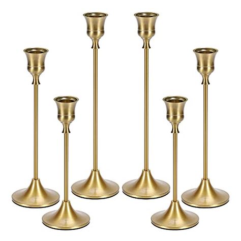 Gold Taper Candle Holders, Gold Taper Candles, Gold Candlestick Holders, Led Taper Candles, Fall Mantle Decor, Elegant Candle Holders, Vintage Candlestick Holders, Gold Candle Sticks, Gold Candle Holders