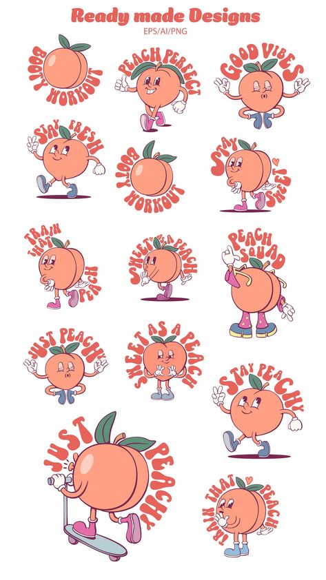 Peach Retro Groovy Mascot Clipart Download, Just Peachy Sublimation Design, Vintage Peach Vector Illustrations, Whimsical Characters - Etsy Peach Illustration Cute, Mascot Reference, Peach Vector, Peach Character, Peach Cartoon, Groovy Cartoon, Mascot Character Design, Peach Drawing, Peach Illustration