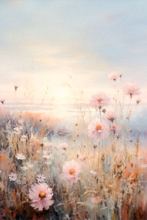 A vintage inspired painting of pink wildflower field in the countryside.