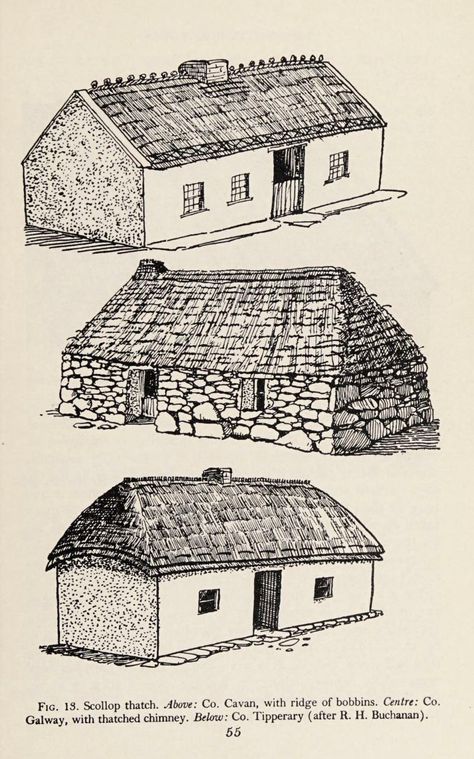 From "Irish Folk Ways" by E. Estyn Evans, 1957 Irish Neolithic Art, Irish Folk Art, Irish Homes, History Drawing, Cottage Drawing, Neolithic Art, Irish Architecture, Cottage Illustration, Irish Folk