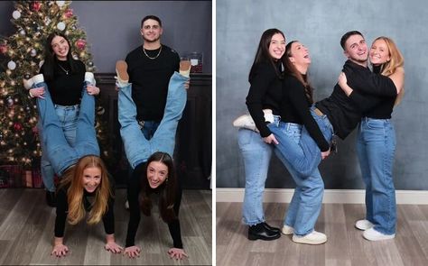 Jcpenney Photoshoot Couple, Cringy Christmas Pictures, Jcpenney Family Photoshoot, Silly Family Christmas Photos, Cheesy Family Photos Funny, Cheesy Jcpenney Photos, Jcpenney Christmas Portraits, 90s Photoshoot Poses, Four Person Photoshoot