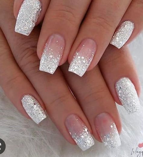 Bridesmaids Nails, Nails For Bride, White And Silver Nails, Wedding Nails Glitter, Formal Nails, White Glitter Nails, Homecoming Nails Acrylic, Wedding Nails For Bride, Nails Wedding