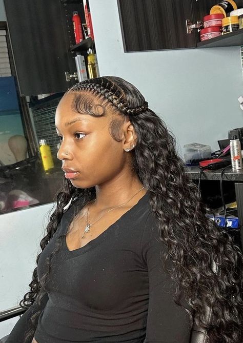 New Back To School Hairstyles, Prom Ideas Hairstyles, Braids At The Front Weave At The Back, Quick Weave With Braids On The Side, Sew In Two Braids, Cute Hairstyles With Weave Black Women, Braided Hairstyle Ideas For Black Women, Wig Install Curly Hair, Easy Cute Black Hairstyles