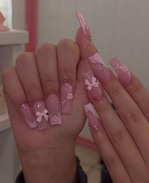 Pink Unique Nails, Pink Acrylic Nail Designs, Pink Bling Nails, Deluxe Nails, Birthday Nail Designs, Quinceanera Nails, Pink French Nails, Baby Pink Nails, Girly Acrylic