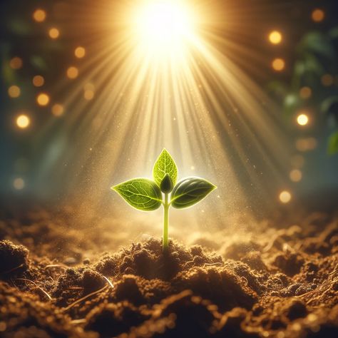 A serene and uplifting image depicting the concept of personal growth under divine guidance. The scene features a small, healthy seedling growing in fertile soil, bathed in warm, gentle sunlight that seems to emanate from above, symbolizing divine presence. The background shows a soft, heavenly light that further enhances the spiritual atmosphere. The seedling has a few fresh green leaves and... Spiritual Light Art, Spiritual Growth Art, Verses About Growth, Bible Verses About Growth, Love In Bible, Growth Background, Organ Donation Poster, Growth Images, Growth Pictures